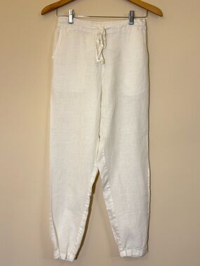 100% Linen White Jogger Pants S Summer Lightweight Beach Bohemian Elastic Waist
